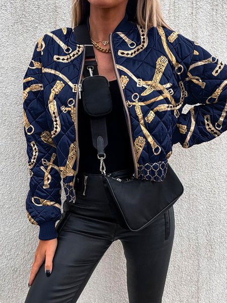 

Urban Stand Collar Loose Chain Print Jacket, Deep blue, Jackets