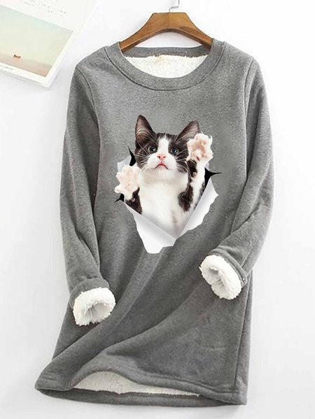 Women Funny Cat 3D print Crew Neck Loose Simple Sweatshirt, Deep gray, Hoodies&Sweatshirts
