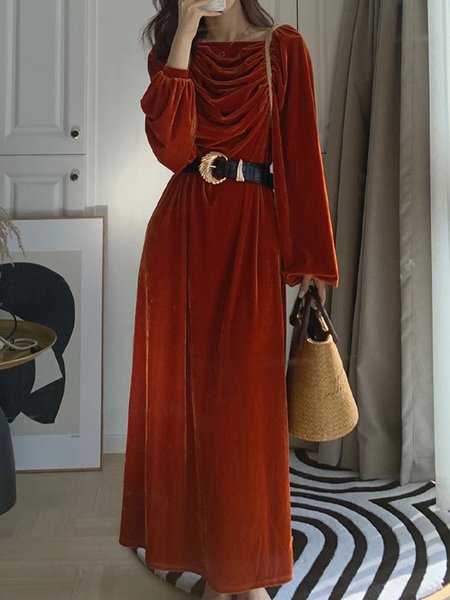 

Regular Fit Plain Elegant Long Dress, Brick red, Maxi Dresses