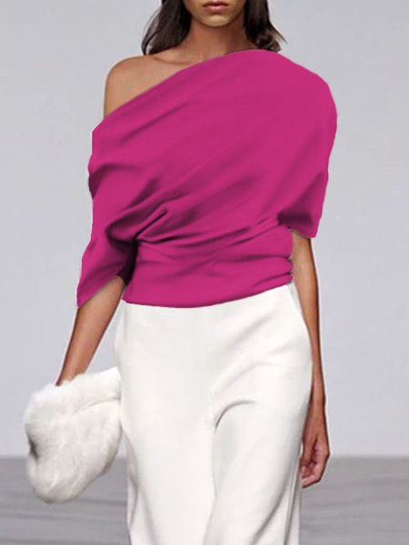 

Elegant Simple Cold Shoulder Plain Blouse, Rose red, Blouses and Shirts