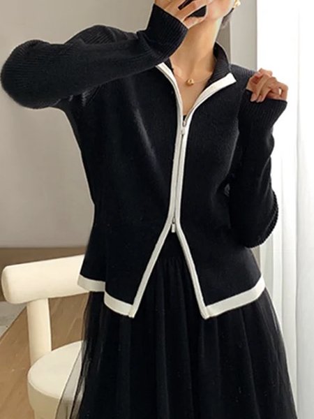 

Simple Long Sleeve Color Block Sweater Coat, Black, Cardigans