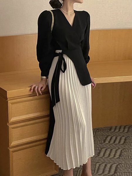 

Cross Neck Elegant Regular Fit Long Sleeve Midi Dress, Black-white, Midi Dresses