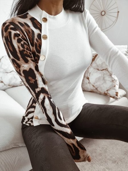 

Long sleeve Leopard Tight Crew Neck T-Shirt, White, Tees