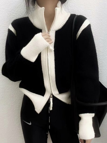 

Daily Long sleeve Regular Fit Color Block Sweater Coat, Black, Cardigans