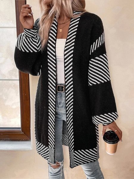 

Striped Pattern Batwing Sleeve Duster Cardigan, Black, Cardigans
