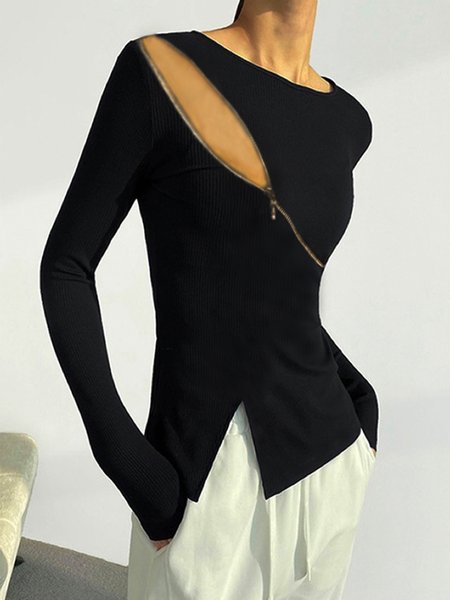 

Urban Crew Neck Zipper Plain Split Top, Black, Tops