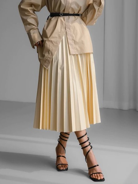 Elegant Midi Daily Plain Regular Fit Skirt, Beige, Skirts
