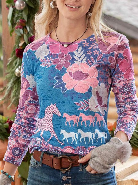 

Boho Loose Crew Neck T-Shirt, Multicolor, Tops