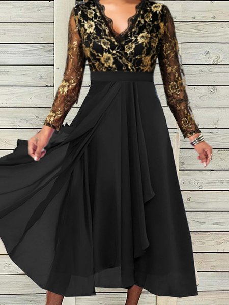 

Party Lace Panel Long Sleeve Gown Dress, Black, Midi Dresses
