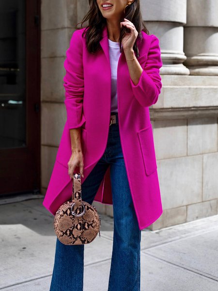

Long sleeve Plain Urban Stand Collar Overcoat, Deep pink, Coats