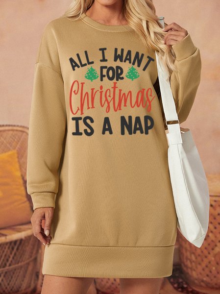 

All I Want For Christmas Is A Nap Women's Long Sleeve Dress, Khaki, Dresses