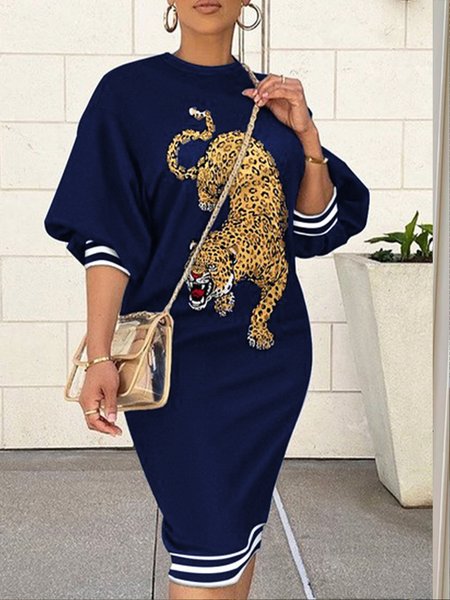 

Leopard Printed Urban Crew Neck Dress, Deep blue, Midi Dresses