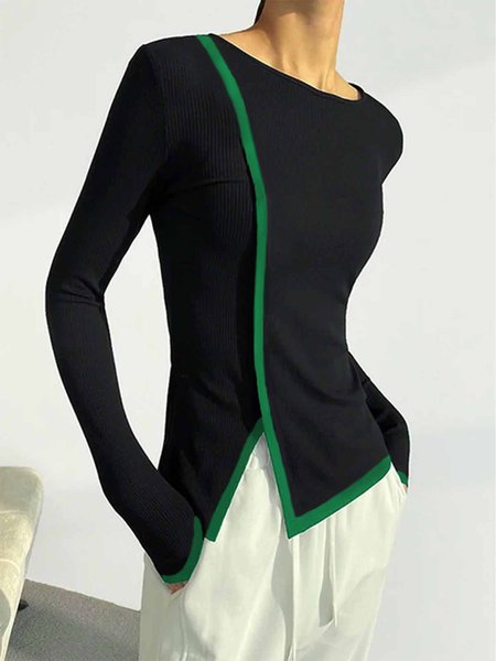 

Urban Color Block Crew Neck Split Simple Top, Black, Tops