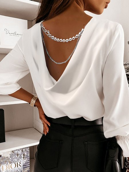 

Elegant Plain V Neck Loose Chain Blouse, White, Blouses and Shirts