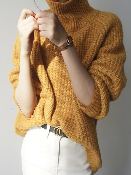 

Plain Daily Turtleneck Long sleeve Simple Sweater, Yellow, Pullovers