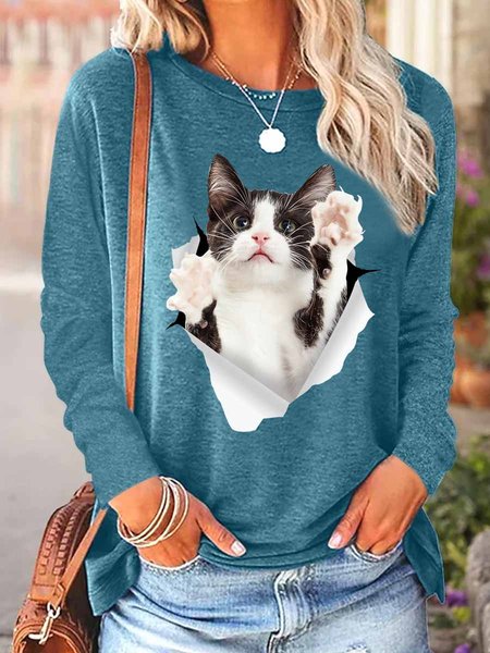 

Women Funny Cat 3D Print Cotton-Blend Long sleeve Top, Green, Long sleeves