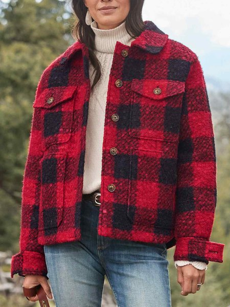 

Woolen Loose Shawl Collar Red Plaid Jacket, Outerwear