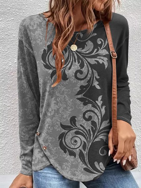 

Regular Fit Floral Casual T-Shirt, Gray, Tunics