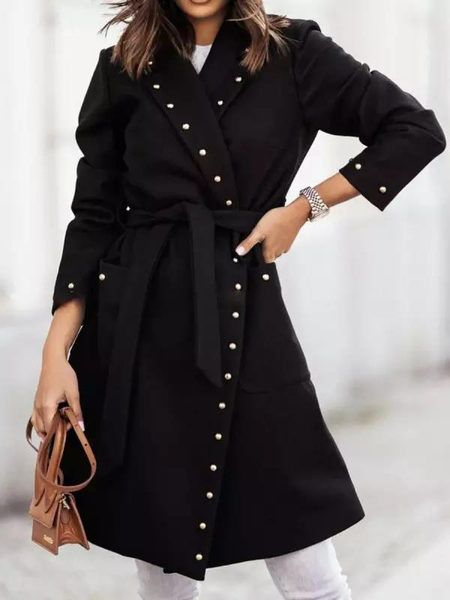 

Casual Loose Double-breasted Rivet Button Wool Coat, Black, Trench Coats