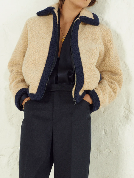 

Loose Shirt Collar Color Block Long sleeve Teddy Jacket, Khaki, Others
