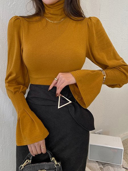 

Daily Elegant Turtleneck Long sleeve Plain T-Shirt, Yellow, Tees