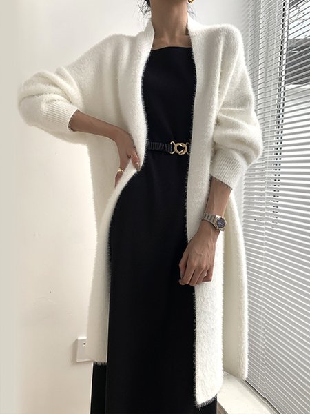 

Plain Daily Long sleeve V Neck Sweater Coat, Off white, Cardigans