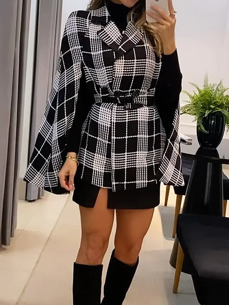 

Loose Plaid Urban Lapel Collar Long sleeve Mid-long Overcoat, Black, Coats