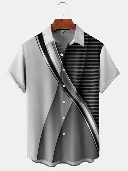 

Geometric Chest Pocket Short Sleeve Shirt, Black-grey, Men Shirts