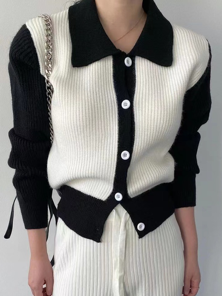 

High Elasticity Shirt Collar Urban Color Block Long sleeve Sweater Coat, Black-white, Cardigans