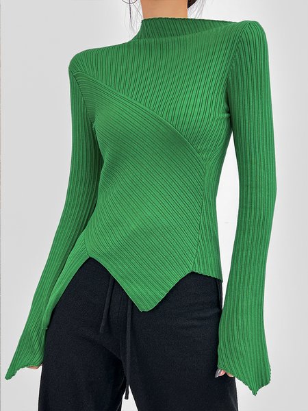 

Daily Half Turtleneck Long sleeve Plain Sweater, Green, Pullovers