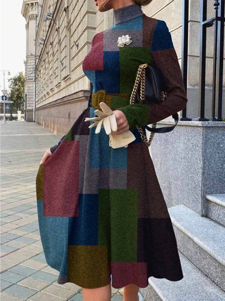 

Elegant Regular Fit Stand Collar Colorblock Dress, Multicolor, Midi Dresses