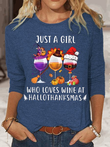 

Womens Just A Girl Who Loves Wine At Hallothanksmas Pumpkin Casual Crew Neck Top, Blue, Long sleeves