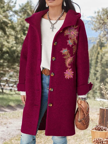 

Woolen Lapel Collar Floral Overcoat, Claret_red, Coats