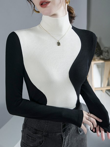 

Turtleneck Simple Regular Fit Color Block T-Shirt, Black, Tees