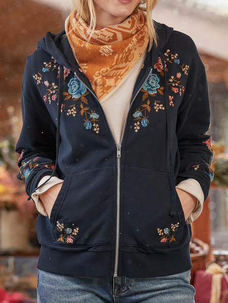 

Zipper Floral Hoodie Casual Jacket, Navy blue, Jackets