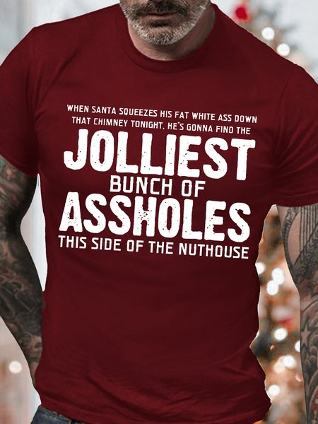 

Mens He Is Gonna Find The Jolliest Merry Christmas Santa Funny Graphic Print Cotton Casual Crew Neck T-Shirt, Red, T-shirts