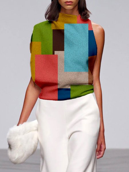 

Stand Collar Urban Colorblock Loose Blouse, Multicolor, Blouses and Shirts