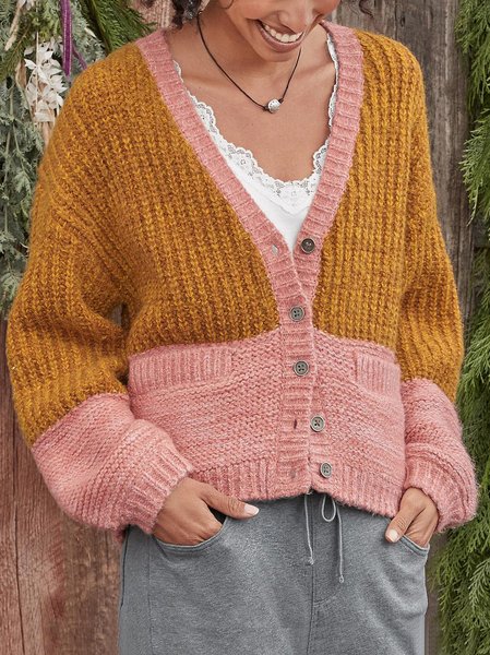 

V Neck Color Block Loose Sweater Coat, Multicolor, Cardigans
