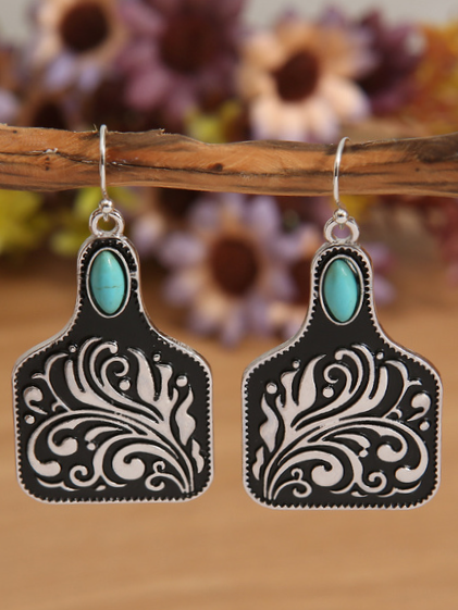 

Vintage Turquoise Ethnic Pattern Embossed Earrings Boho Ethnic Jewelry, Silver, Earrings