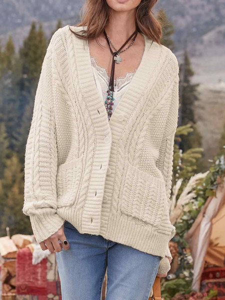 

V Neck Plain Casual Sweater Coat, Apricot, Sweaters