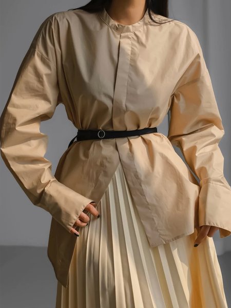 

Daily Long sleeve Stand Collar Plain Blouse, Apricot, Blouses and Shirts