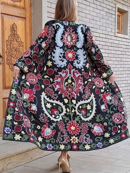 

Boho Crew Neck Floral Overcoat, Multicolor, Outerwear