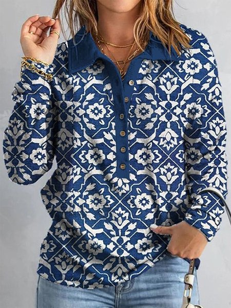 

Casual Ethnic Loose Buttoned Sweatshirt, Blue, Sweatshirts & Hoodies