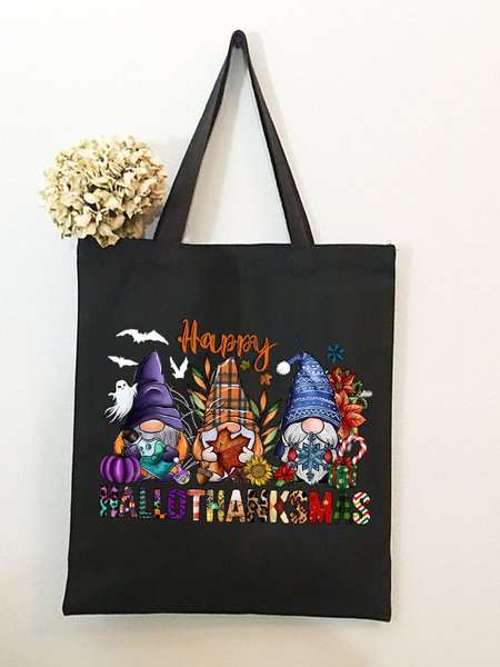 Happy Hallo Thanks Mas Halloween Graphic Shopping Tote Bag, Black, Bags