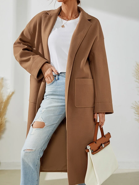 

Casual Cross Neck Loose Overcoat, Brown, Trench Coats