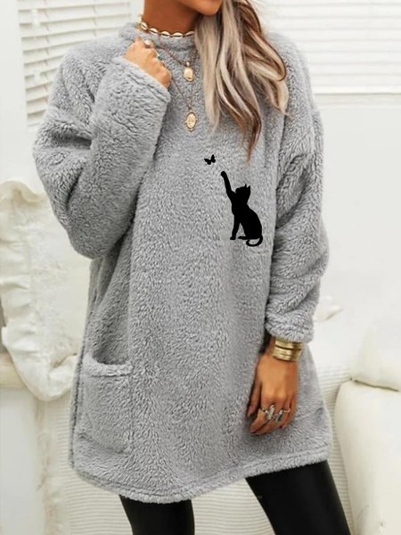 

Cat Animal Crew Neck Regular Fit Fluff/Granular fleece fabric Casual Dress, Gray, Mini Dresses