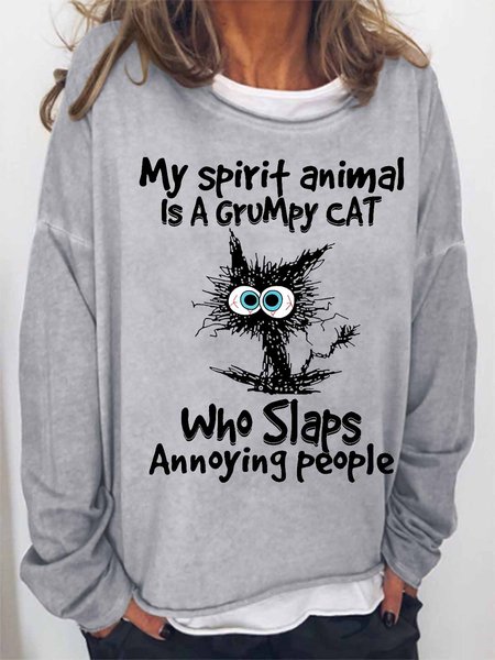 

Women Funny Cat My Spirit Animal Is A Grumpy Cat Who Slaps Annoying People Loose Simple Sweatshirt, Gray, Hoodies&Sweatshirts