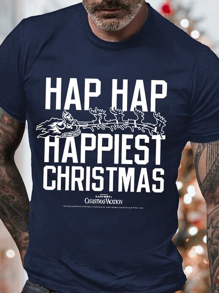 

Mens Hap Hap Happiest Christmas Funny Graphic Print Text Letters Cotton Loose T-Shirt, Purplish blue, T-shirts