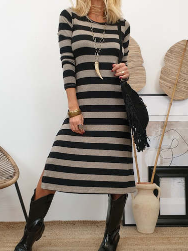 

Striped Crew Neck Casual Dress, Brown, Dresses