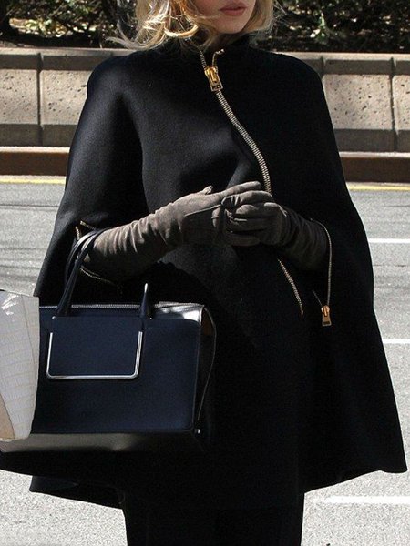 

Loose Elegant Plain Zipper Overcoat, Black, Coats